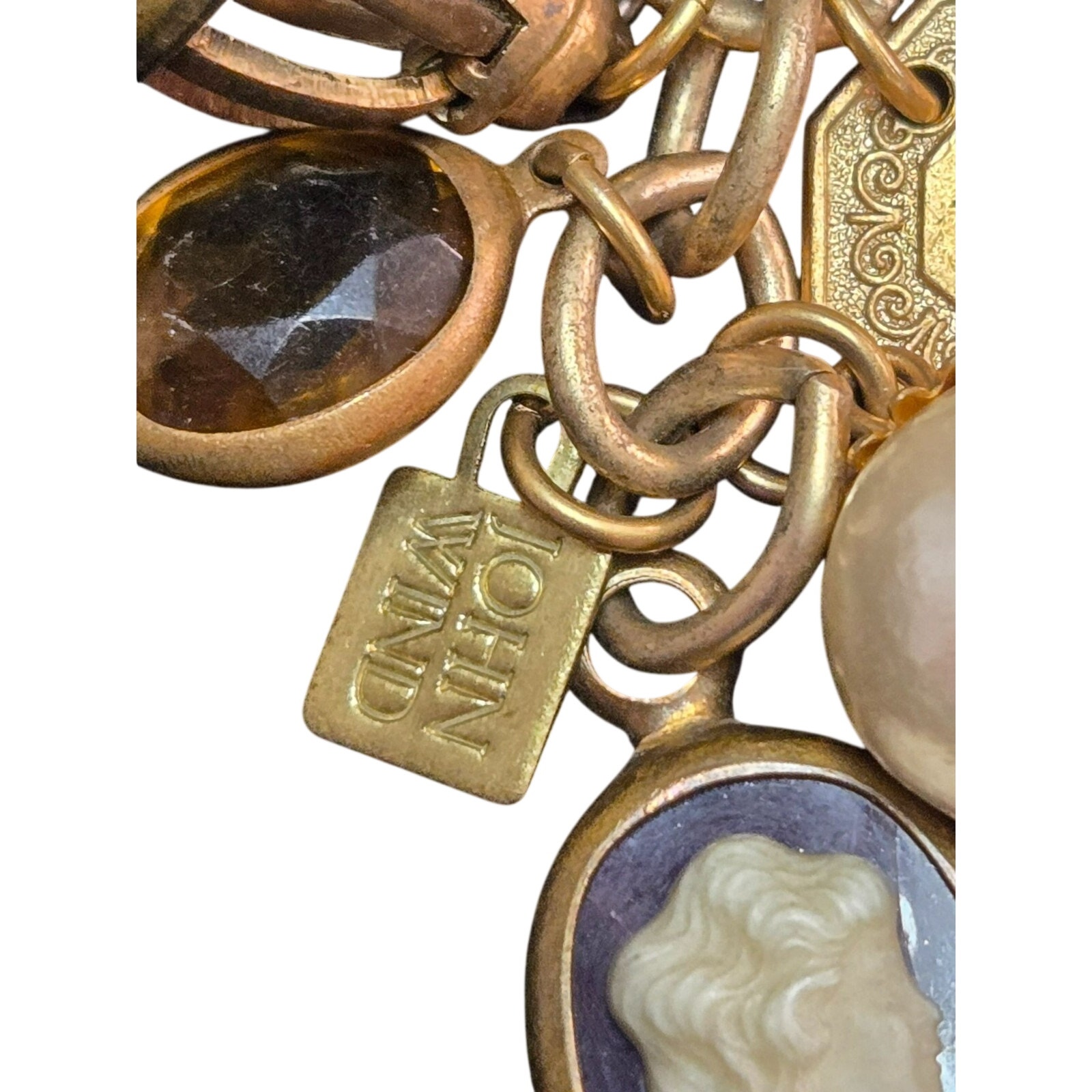 Vintage John Wind Safety Pin Brooch With Key, Cameo, Faux Pearl Charms — image 4 of 4